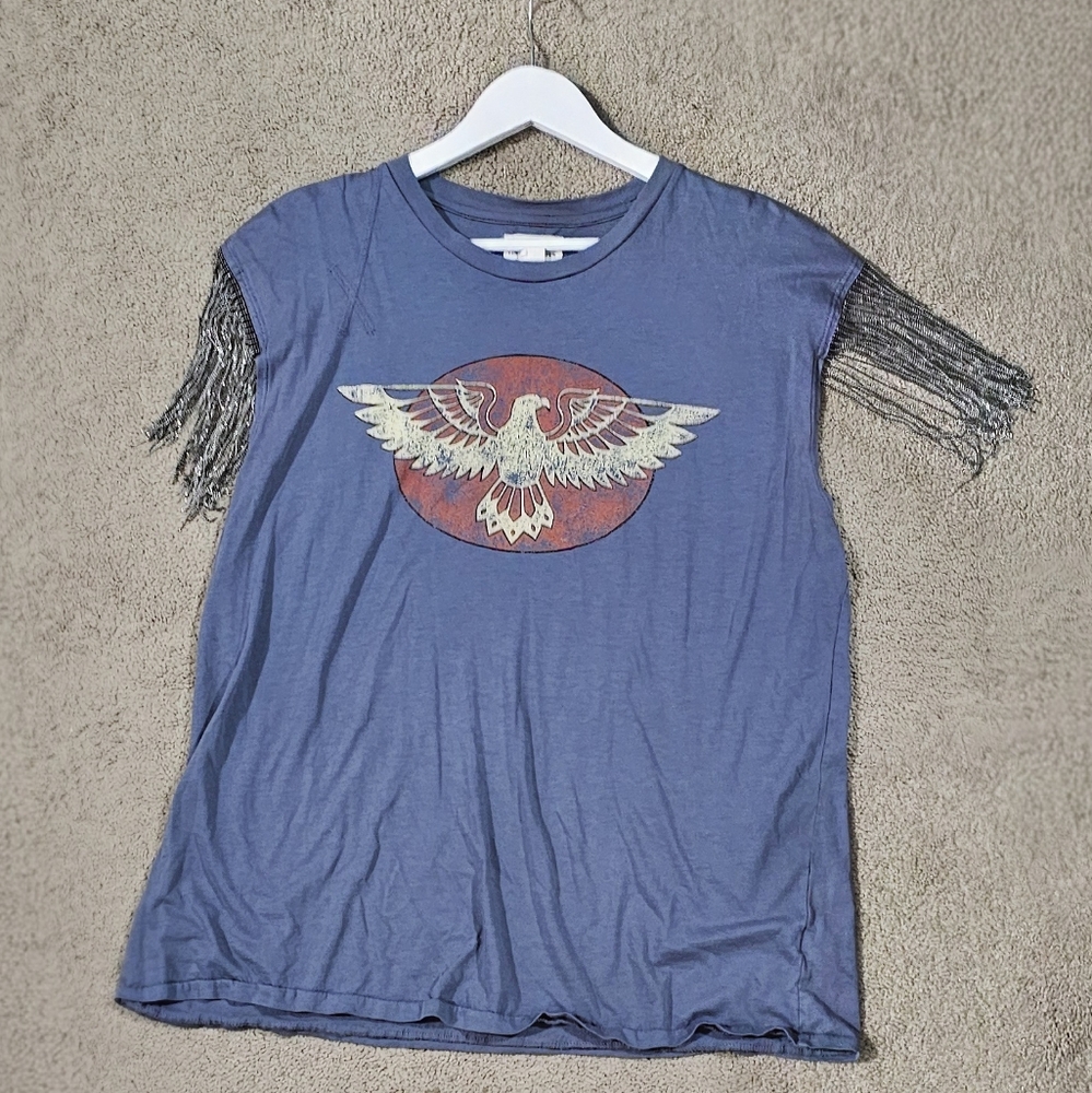 Large Free People Blue Muscle Tee with Eagle Design Metal Fringe